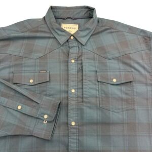 Poncho Shirt Mens 3XL Blue Long Sleeve Pearl Snap Button Up Plaid Twill Flannel